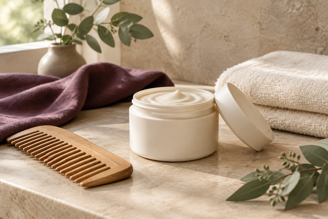 Conceptual hair-care scene with an unbranded cream jar, wooden comb, cream towels and plum linen.