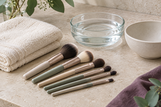 Makeup brushes arranged beside a cream towel, glass bowl of water and ceramic bowl on beige stone.