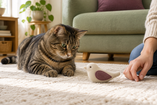 Tabby cat watching a fabric bird toy on a cream rug with a caregiver's hand nearby.
