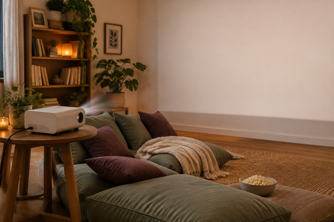 Conceptual movie-night setup with an unbranded projector, blank wall, sage and plum cushions and popcorn.