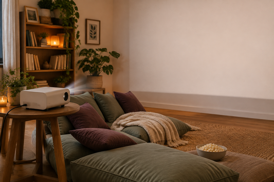 Conceptual movie-night setup with an unbranded projector, blank wall, sage and plum cushions and popcorn.