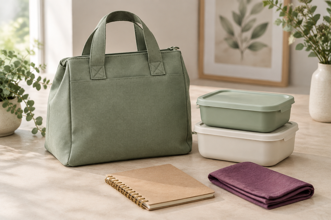 Conceptual lunch-packing scene with an unbranded sage bag, two closed containers, a notebook and plum napkin.